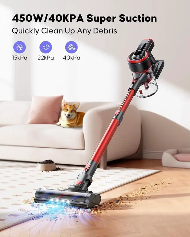 Alt view image 2 of 7 - Cordless Vacuum Cleaner, 450W 40KPA Up to 55 Mins Cordless Stick Vacuum Cleaner with Charging Station, LED Touch Display, Anti-Tangle Handheld Vacuum Cleaners for Home/Pet Hair/Carpets/Floors