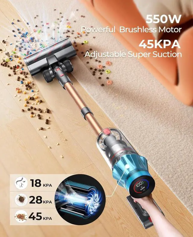 Alt view image 2 of 7 - Cordless Vacuum Cleaner 550W/45Kpa, Stick Vacuum Cleaners 60 Mins Max Runtime with Charging Dock, Self-Standing Handheld Vacuum with Touch Display, 6-in-1 Vacuum Cleaner for Carpet/Hard Floor/Pet Hair