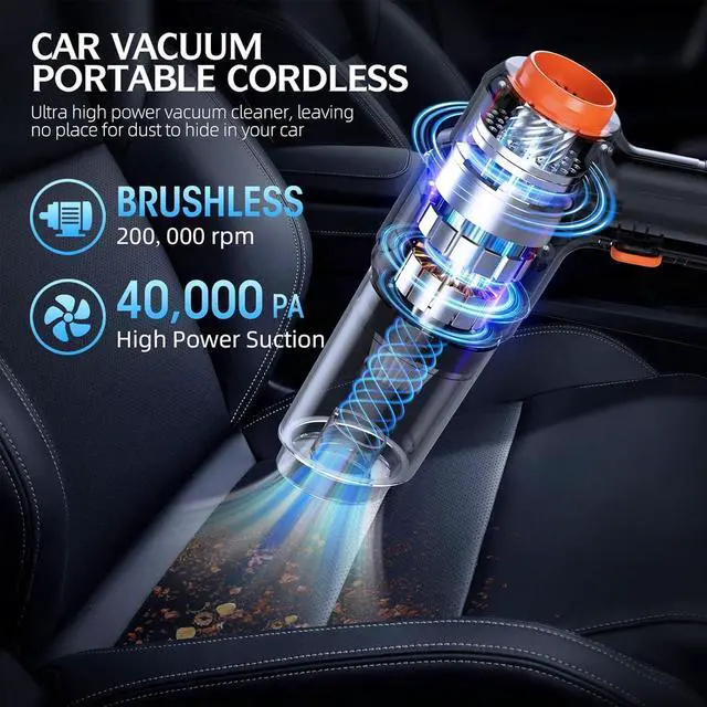Alt view image 2 of 7 - Car Vacuum Portable Cordless, 40,000Pa High Power Dust Buster, 6-in-1 Handheld Vacuum Cleaners for Home, Car, Pet Hair, Keyboard, Black