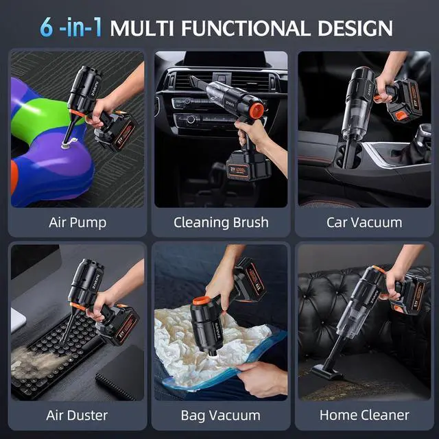 Alt view image 5 of 7 - Car Vacuum Portable Cordless, 40,000Pa High Power Dust Buster, 6-in-1 Handheld Vacuum Cleaners for Home, Car, Pet Hair, Keyboard, Black