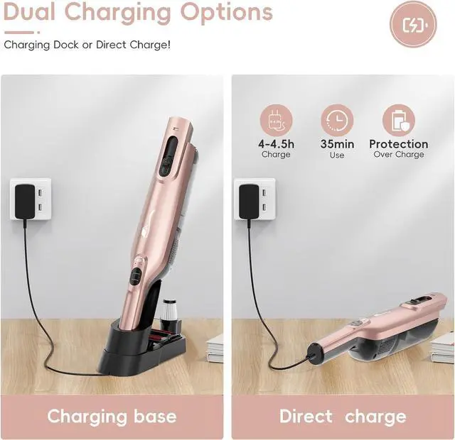 Alt view image 5 of 7 - Cordless Handheld Vacuum, Lightweight Portable Hand Vacuum Cleaner with LED Light,Rechargeable Hand Held Vacuum with Charging Dock, Powerful Suction for Office, Home,Car, Rose Gold