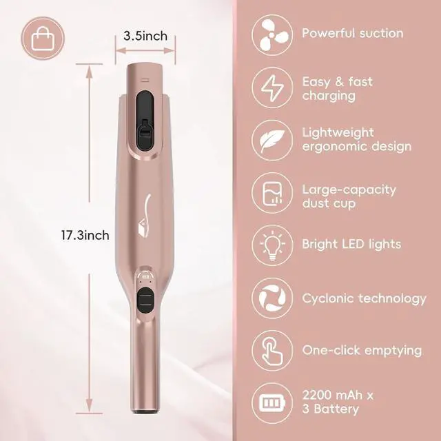 Alt view image 7 of 7 - Cordless Handheld Vacuum, Lightweight Portable Hand Vacuum Cleaner with LED Light,Rechargeable Hand Held Vacuum with Charging Dock, Powerful Suction for Office, Home,Car, Rose Gold