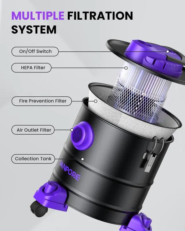 Alt view image 3 of 7 - Ash Vacuum for Pellet Stoves: 5.2 Gallon Fireplace Ash Vac with 1200w Powerful Suction & Wheeled Base - Ash Vacuum Cleaner for Fireplaces, Pellet Grill, Wood Stove, Fire Pits
