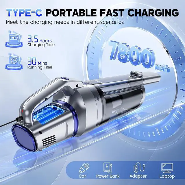 Alt view image 4 of 7 - JONYJ Handheld Vacuum Cordless, 16000PA Strong Suction Hand Held Car Vacuum Cleaner, Portable Hand Vacuum Rechargeable with Multi-Nozzles & LED Light for Home, Car, Office, Pets