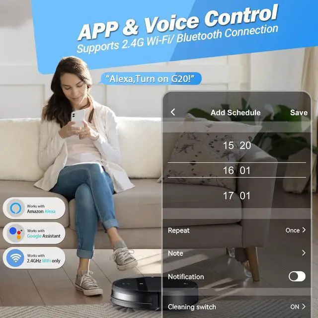 Alt view image 2 of 7 - Robot Vacuum and Mop Combo, 2-in-1 Robotic Vacuum Cleaner with Tangle-Free Suction, WiFi/Alexa/App Control, Auto Recharge, Ultra-Slim Quiet Design for Pet Hair, Hard Floors & Low-Pile Carpets