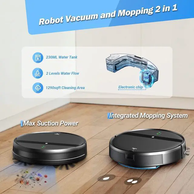 Alt view image 3 of 7 - Robot Vacuum and Mop Combo, 2-in-1 Robotic Vacuum Cleaner with Tangle-Free Suction, WiFi/Alexa/App Control, Auto Recharge, Ultra-Slim Quiet Design for Pet Hair, Hard Floors & Low-Pile Carpets