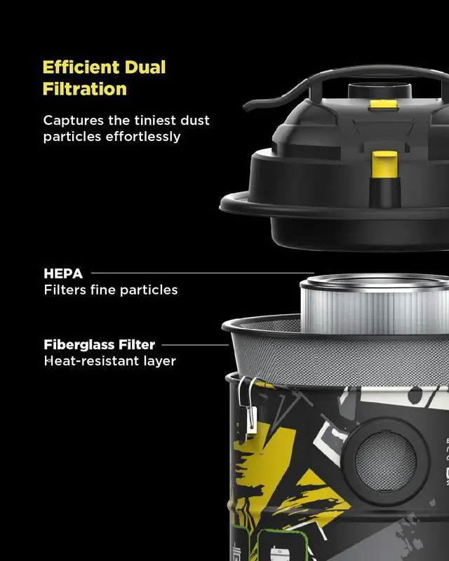 Alt view image 6 of 7 - InoKraft Ash Vacuum for Pellet Stoves,Pellet Grill,1200W 5 Gallon, No Clogs, with HEPA & Fiberglass Filters, 6.56ft Hose Ash Vac for Fireplaces, Log Burners