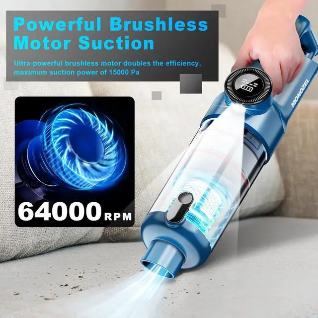 Alt view image 2 of 7 - Handheld Vacuum Cordless - Car Vacuum Cleaner with Brushless Motor, 15000Pa Strong Suction with LED Light, Type C Port, 2 Fliters, Portable Hand Vacuum for Home, Pet and Car