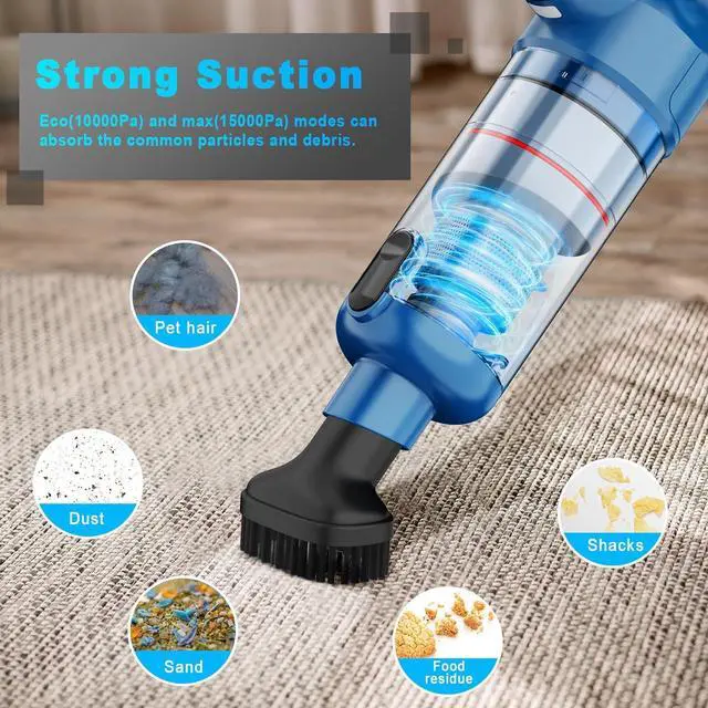 Alt view image 3 of 7 - Handheld Vacuum Cordless - Car Vacuum Cleaner with Brushless Motor, 15000Pa Strong Suction with LED Light, Type C Port, 2 Fliters, Portable Hand Vacuum for Home, Pet and Car