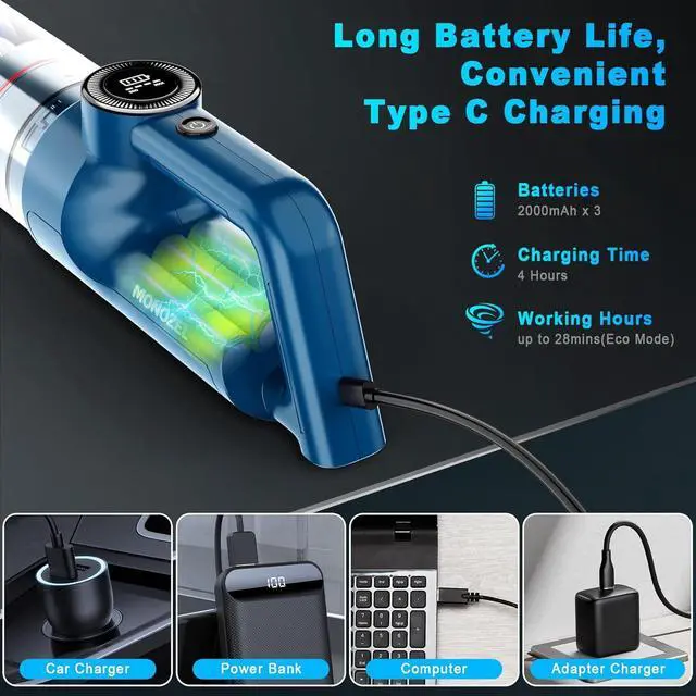 Alt view image 4 of 7 - Handheld Vacuum Cordless - Car Vacuum Cleaner with Brushless Motor, 15000Pa Strong Suction with LED Light, Type C Port, 2 Fliters, Portable Hand Vacuum for Home, Pet and Car