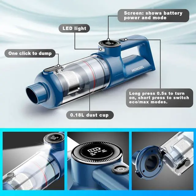 Alt view image 7 of 7 - Handheld Vacuum Cordless - Car Vacuum Cleaner with Brushless Motor, 15000Pa Strong Suction with LED Light, Type C Port, 2 Fliters, Portable Hand Vacuum for Home, Pet and Car