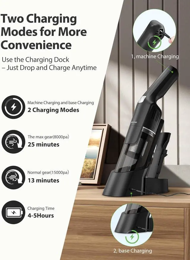 Alt view image 2 of 7 - Handheld Vacuum Cleaner, Cordless & Rechargeable, 15KPa Powerful Suction, 30-Min Runtime, 500ML Dust Cup, for Pet Hair/Car/Home