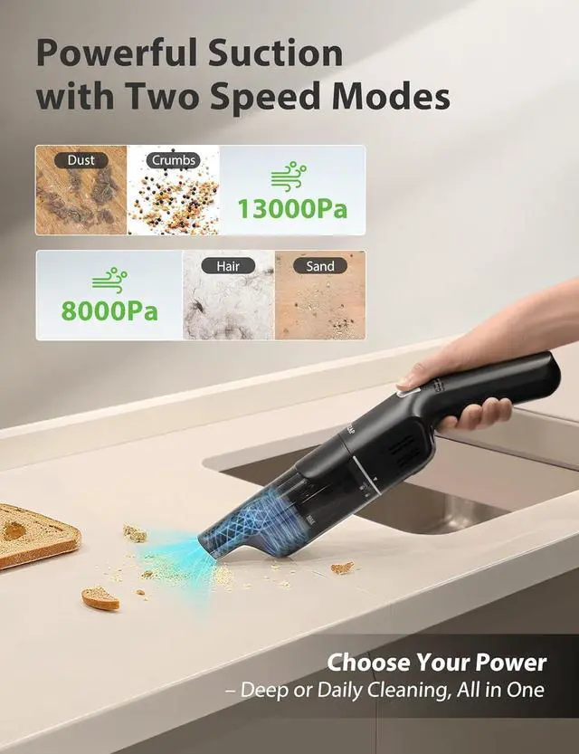Alt view image 3 of 7 - Handheld Vacuum Cleaner, Cordless & Rechargeable, 15KPa Powerful Suction, 30-Min Runtime, 500ML Dust Cup, for Pet Hair/Car/Home
