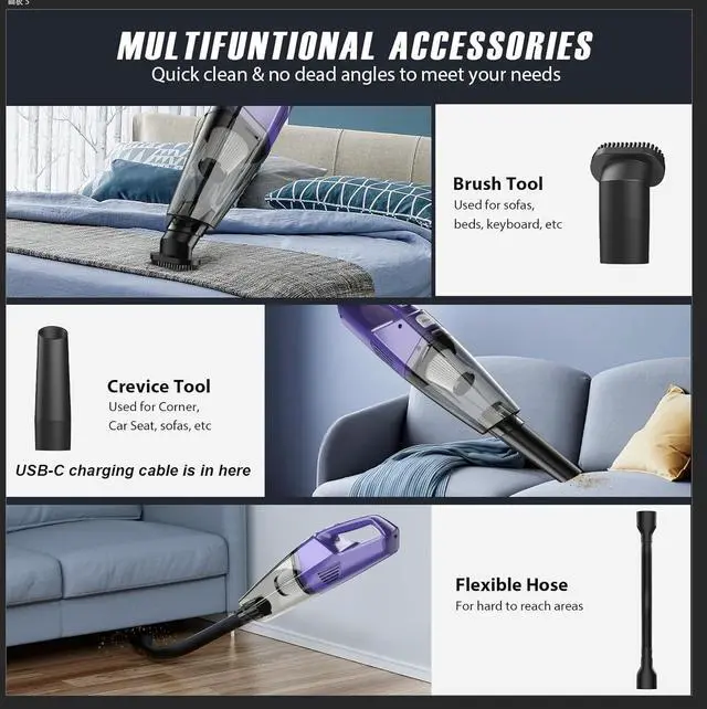 Alt view image 4 of 7 - Handheld Vacuum Cordless  Car Vac Portable with 8KPA & Multi Accessories & Low Noise, Lightweight Hand Held Vacuum Cordless Rechargeable for Car/Home/Dust/Pet Hair, Mine Portable Vacuum