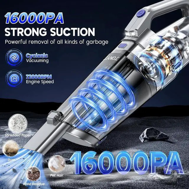 Alt view image 2 of 7 - JONYJ Handheld Vacuum Cordless, 16000PA Strong Suction Hand Held Car Vacuum Cleaner, Portable Hand Vacuum Rechargeable with Multi-Nozzles & LED Light for Home, Car, Office, Pets