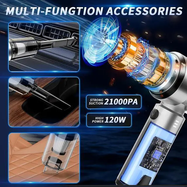 Alt view image 2 of 6 - Car Vacuum Portable Cordless, 21000PA High Power Handheld Vacuum Cleaner with Brushless Motor,Mini Hand Held Vacuum Cordless Rechargeable Air Duster/Blower/Pump for Car, Home, Pet, Office