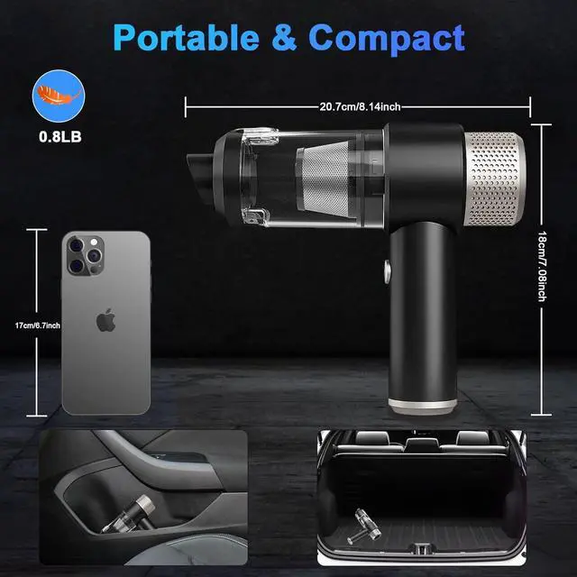 Alt view image 2 of 7 - Handheld Car Vacuum Cleaner,Vacuum Black Cleaner with LED Ligh,Air Duster, 16000PA PortableHand Held Vacuum Suitable for in car, Home,OutdoorsOffice, Pet Clean