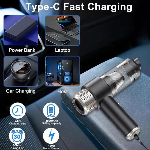 Alt view image 4 of 7 - Handheld Car Vacuum Cleaner,Vacuum Black Cleaner with LED Ligh,Air Duster, 16000PA PortableHand Held Vacuum Suitable for in car, Home,OutdoorsOffice, Pet Clean