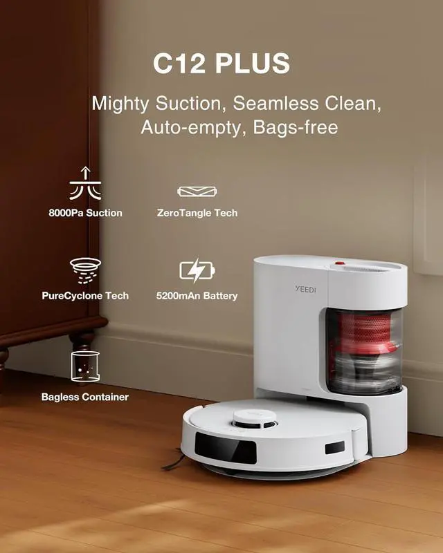 Alt view image 2 of 7 - Yeedi C12 Plus Robot Vacuum and Mop, 8000Pa Strong Suction, 7-Week Dust Storage, Bagless Dust Bin, PureCyclone Tech, ZeroTangle Brush, White