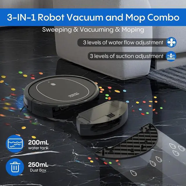 Alt view image 3 of 7 - 3-in-1 Robot Vacuum and Mop 4000Pa Vacuum Robot & WiFi/App/Remote/Alexa & Central Brush & Scheduled & Auto-Recharge Cleaning Robotic Vacuums Cleaner for Home Pet Hair, Hardfloors, Carpet
