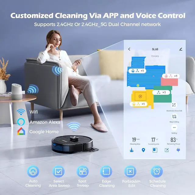 Alt view image 6 of 7 - Lubluelu Robot Vacuum and Mop Combo, 5500Pa Robot Vacuum Cleaner with LDS9.0 LiDAR Navigation, Self-Empties for 60 Days, No-Go Zones, WiFi/App/Alexa Control, Ideal for Hard Floors, Carpet (SL68 Plus)