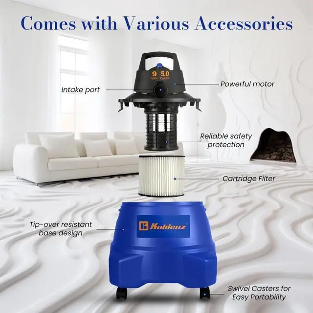 Alt view image 6 of 7 - Koblenz Wet Dry Vacuum Cleaner, 9.0 Gallon Tank, 5.0 HP Powerful Vacuum for Dry and Wet Messes, Vacuum Cleaner and Blower, Accessories Included, Black+Blue (WD-9 L212)