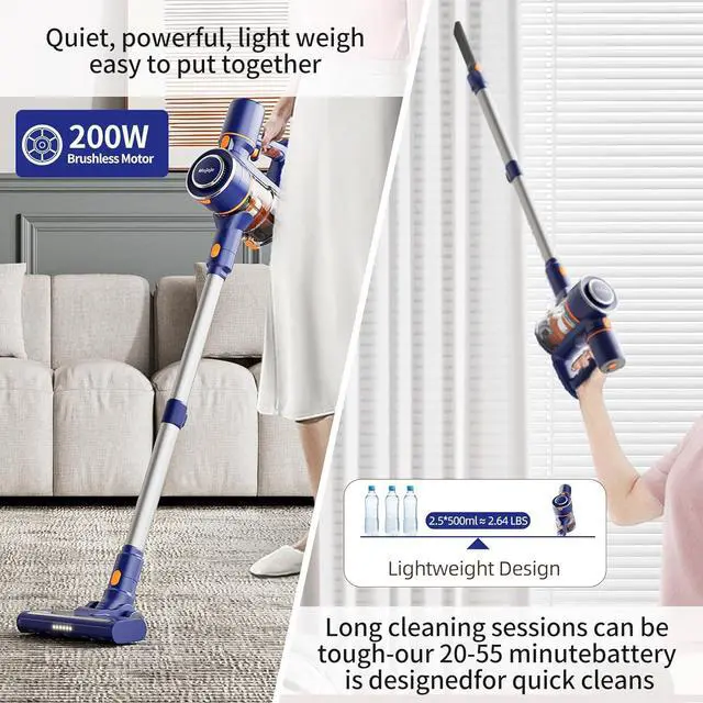 Alt view image 2 of 7 - Mojojo Cordless Vacuum Cleaner, 23KPA Lightweight Stick Vacuum Cleaner/Broom with LED Light & 55Min Longtime Detachable Battery, Convenient Stick & Handheld Vacuum (Blue)