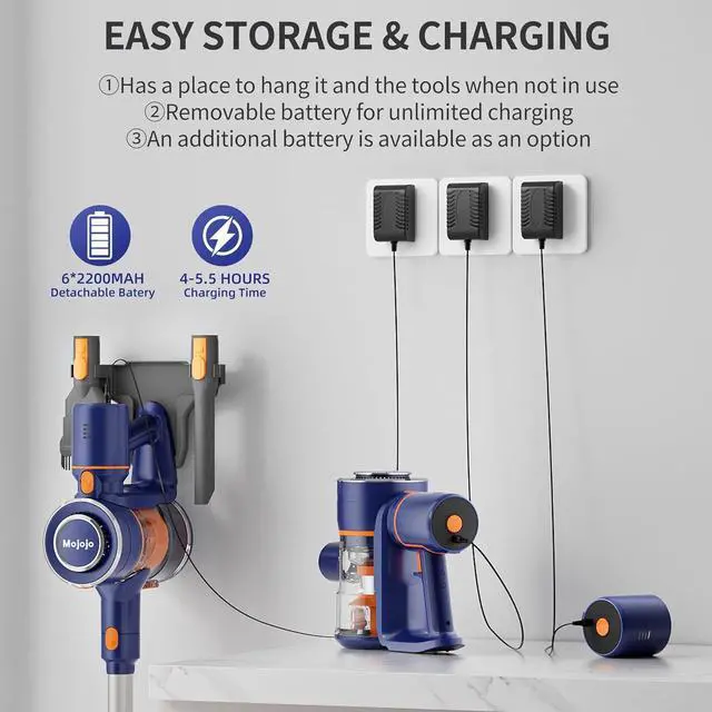 Alt view image 7 of 7 - Mojojo Cordless Vacuum Cleaner, 23KPA Lightweight Stick Vacuum Cleaner/Broom with LED Light & 55Min Longtime Detachable Battery, Convenient Stick & Handheld Vacuum (Blue)