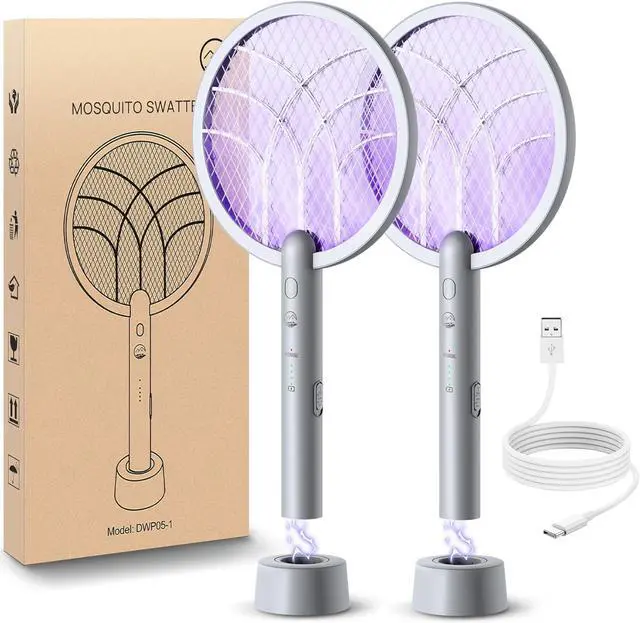 Main image of Electric Fly Swatter Racket, Mosiller 2 in 1 Smart Bug Zapper & Power Take Off Generators with USB Rechargeable Base, Powerful Mosquitoes Trap Lamp & Fly Killer for Home, Bedroom(Light Grey2 Pack)