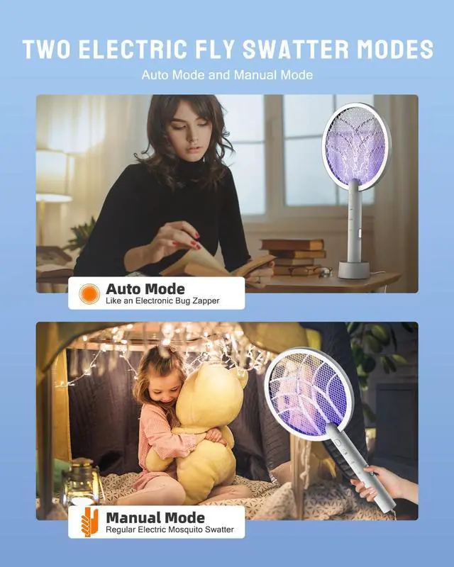 Alt view image 2 of 7 - Electric Fly Swatter Racket, Mosiller 2 in 1 Smart Bug Zapper & Power Take Off Generators with USB Rechargeable Base, Powerful Mosquitoes Trap Lamp & Fly Killer for Home, Bedroom(Light Grey2 Pack)