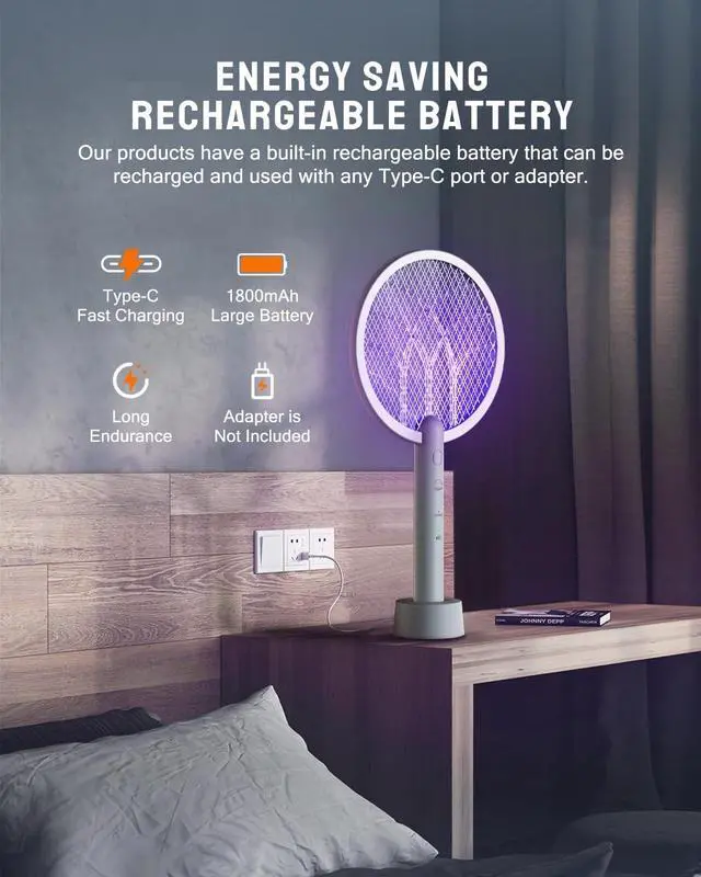 Alt view image 3 of 7 - Electric Fly Swatter Racket, Mosiller 2 in 1 Smart Bug Zapper & Power Take Off Generators with USB Rechargeable Base, Powerful Mosquitoes Trap Lamp & Fly Killer for Home, Bedroom(Light Grey2 Pack)