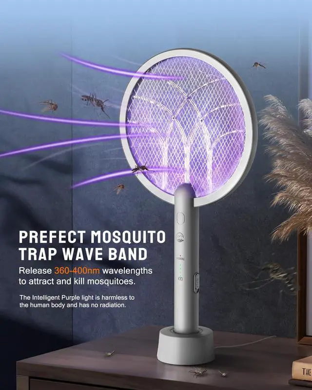 Alt view image 6 of 7 - Electric Fly Swatter Racket, Mosiller 2 in 1 Smart Bug Zapper & Power Take Off Generators with USB Rechargeable Base, Powerful Mosquitoes Trap Lamp & Fly Killer for Home, Bedroom(Light Grey2 Pack)