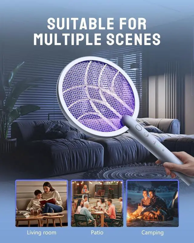 Alt view image 7 of 7 - Electric Fly Swatter Racket, Mosiller 2 in 1 Smart Bug Zapper & Power Take Off Generators with USB Rechargeable Base, Powerful Mosquitoes Trap Lamp & Fly Killer for Home, Bedroom(Light Grey2 Pack)