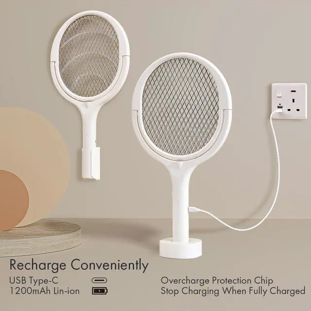 Alt view image 5 of 7 - GeckoMan Rotating Head Electric Fly Swatter Racket Rechargeable Bug Zapper Racket Bug Zapper Indoor Fly Zapper Mosquito Zapper Flies Killer for Indoors, with a Telescopic Extension