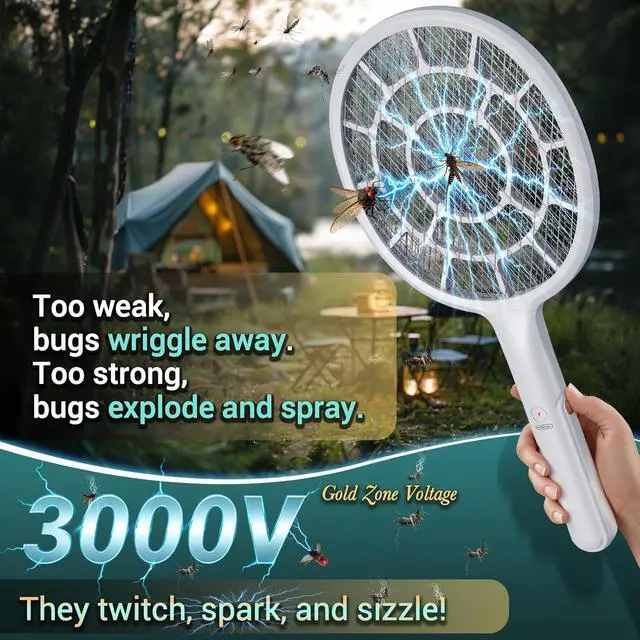 Alt view image 2 of 7 - Electric Fly Swatter, Bug Zapper, Mosquito Zapper Racket | Gold Zone Voltage, Densest 3 mm Mesh, Apple-Like Weight - AA Battery Powered (not incl.) - Indoor & Outdoor Use with Pro Swat Tips
