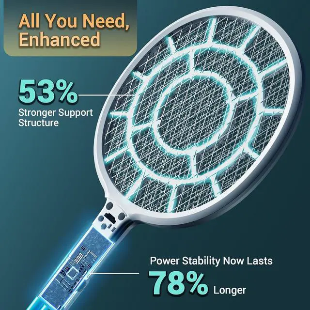 Alt view image 5 of 7 - Electric Fly Swatter, Bug Zapper, Mosquito Zapper Racket | Gold Zone Voltage, Densest 3 mm Mesh, Apple-Like Weight - AA Battery Powered (not incl.) - Indoor & Outdoor Use with Pro Swat Tips