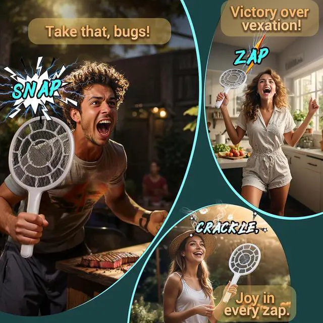 Alt view image 6 of 7 - Electric Fly Swatter, Bug Zapper, Mosquito Zapper Racket | Gold Zone Voltage, Densest 3 mm Mesh, Apple-Like Weight - AA Battery Powered (not incl.) - Indoor & Outdoor Use with Pro Swat Tips