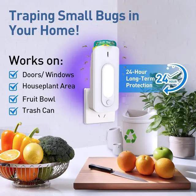 Alt view image 5 of 7 - Fruit Fly Trap for Indoors with 10 Refills, 2 in 1 Fly Trap Indoor with Night Light for Home, Gnat Traps for House Indoor, Plug-in Insect Trap for Gnats, Flies, Moths, and Other Bugs-White