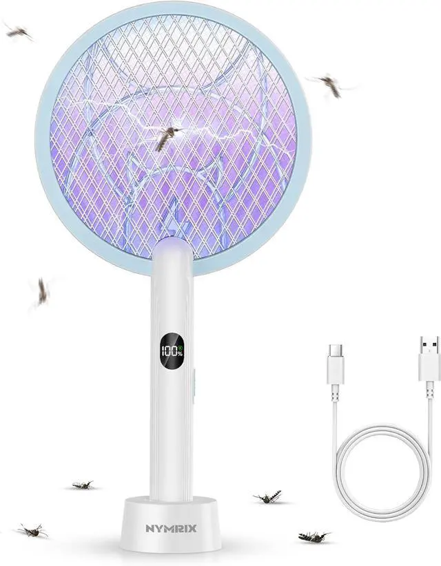 Main image of Electric Fly Swatter Racket, 2 in 1 Mosquito Bug Zapper 4100V Handheld Mosquito Killer with 1800 mAh Rechargeable Battery, Purple Light and 3-Layer Safety Mesh for Indoor Outdoor Blue