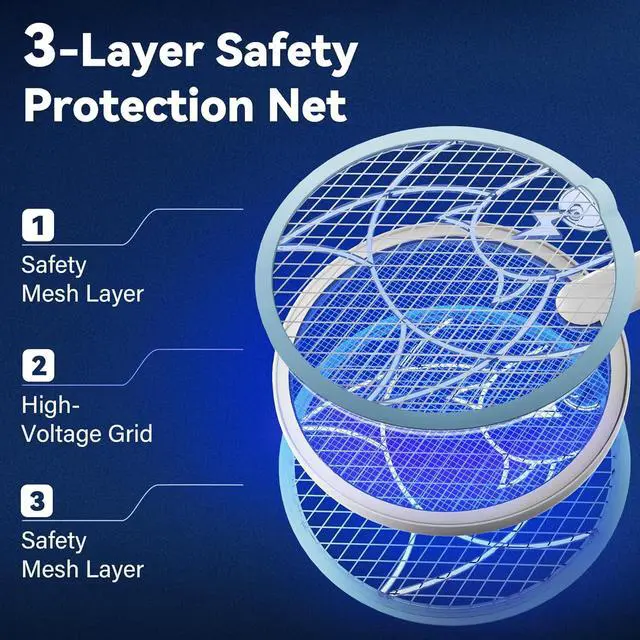 Alt view image 6 of 7 - Electric Fly Swatter Racket, 2 in 1 Mosquito Bug Zapper 4100V Handheld Mosquito Killer with 1800 mAh Rechargeable Battery, Purple Light and 3-Layer Safety Mesh for Indoor Outdoor Blue