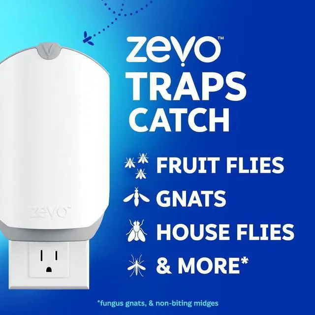 Alt view image 2 of 7 - Zevo 2 Flying Insect Traps & 2 Refill Cartridges - Plug in Fly Trap & Indoor Bug Catcher for Gnats, House & Fruit Flies - Blue & UV Light Technology, Mess-Free Alternative to Bug Zapper