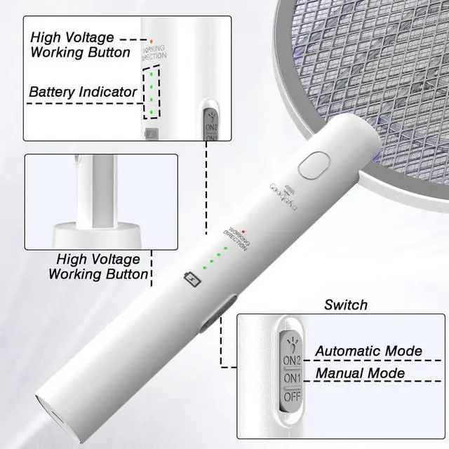 Alt view image 4 of 7 - Bug Zapper Racket, 2 in 1 Electric Fly Zapper USB Rechargeable, 4000V Electric Fly Swatter with 3 Layer Safety Mesh, Indoor Outdoor Electric Racket for Kitchen, Bedroom, Camping