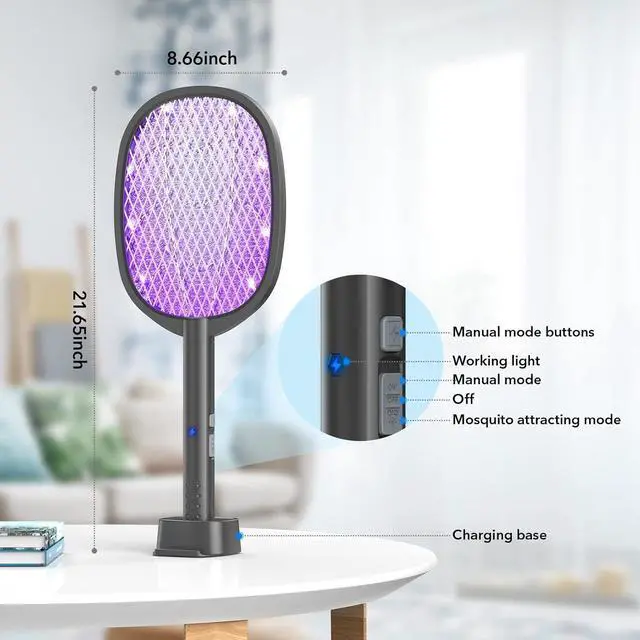 Alt view image 3 of 6 - 2 Pack Electric Fly Swatter 2 in 1 Bug Zapper Racket & Mosquito Zapper,4000V with USB Charging BasePowerful Mosquito Swatter with 3 Layers of Safety Net Suitable for Indoor and Outdoor