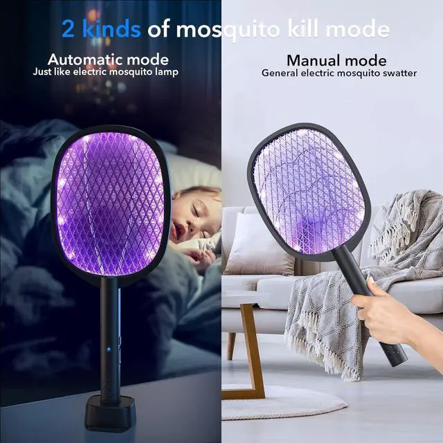 Alt view image 2 of 6 - 2 Pack Electric Fly Swatter 2 in 1 Bug Zapper Racket & Mosquito Zapper,4000V with USB Charging BasePowerful Mosquito Swatter with 3 Layers of Safety Net Suitable for Indoor and Outdoor