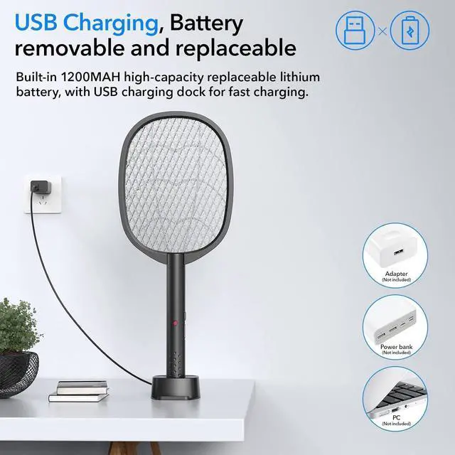 Alt view image 6 of 6 - 2 Pack Electric Fly Swatter 2 in 1 Bug Zapper Racket & Mosquito Zapper,4000V with USB Charging BasePowerful Mosquito Swatter with 3 Layers of Safety Net Suitable for Indoor and Outdoor