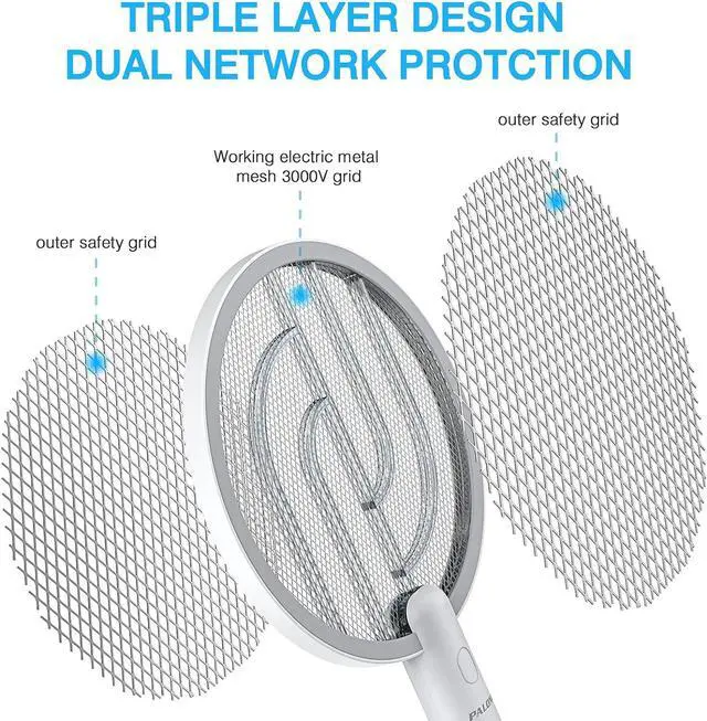 Alt view image 5 of 7 - PALONE Electric Fly Swatter 4000V Bug Zapper Racket 2 in 1 Fly Swatter with 1200mAh Battery Rechargeable Mosquito Killer Lamp with 3 Layers Safety Mesh for Indoor and Outdoor