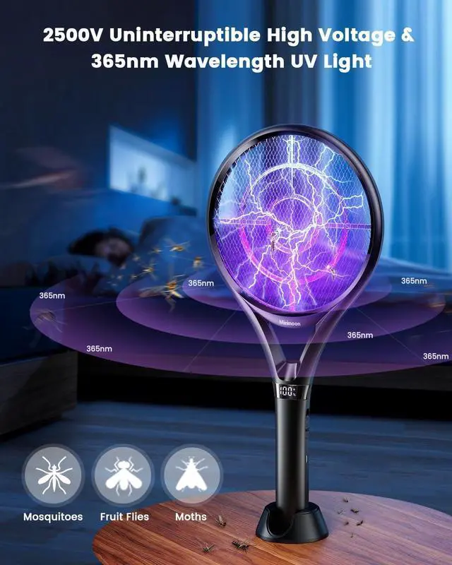Alt view image 5 of 7 - Minimoon Electric Fly Swatter with LED Display, 2000mAh Rechargeable Fly Swatter Racket, 2500V Bug Zapper Racket Dual Modes, Mosquito Killer Lamp with 3 Layers Safety Mesh for Indoor Outdoor Camping