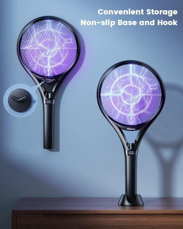 Alt view image 6 of 7 - Minimoon Electric Fly Swatter with LED Display, 2000mAh Rechargeable Fly Swatter Racket, 2500V Bug Zapper Racket Dual Modes, Mosquito Killer Lamp with 3 Layers Safety Mesh for Indoor Outdoor Camping