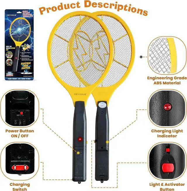 Alt view image 6 of 6 - DEVOGUE® Pack of 2 Electric Fly Swatter Bug Zapper Battery Operated Flies Killer Indoor & Outdoor Pest Control Mosquito Zapper and Insect Catcher Racket (Packing May Vary)