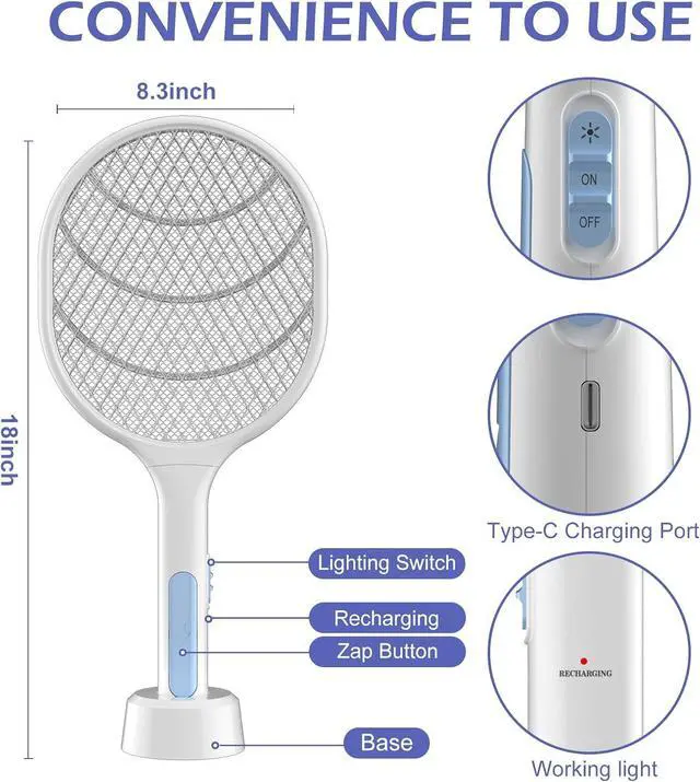 Alt view image 6 of 7 - Bug Zapper 2 Pack, VANELC Electric Fly Swatter Racket Fly Zapper, 3000 Volt USB Rechargeable Fly Trap Mosquito Zapper Pest Insects Control for Home, Kitchen, Office, Outdoor